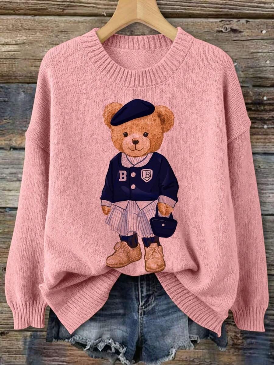 2026 Spring New Arrival Bear Graphic Print Round Neck Long Sleeve Collegiate Style Casual Pullover Knit Top - Multi-colored (pink) - View 1