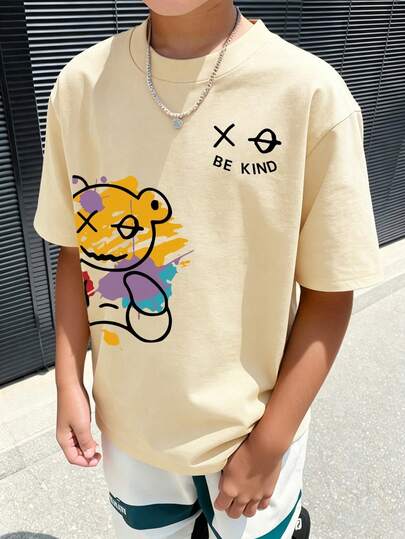 Tween Boy Cartoon Bear Graphic Print Short Sleeve Casual Round Neck T-Shirt