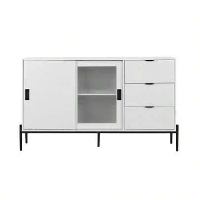 Modern Sideboard With Glass Sliding Door And 3 Drawers, Console Table For The Entrance Area, Kitchen Buffet For Hallways, Entrances, Kitchens, Studies, White
