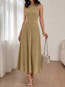 Women Summer Sleeveless Midi Dress Crewneck Ribbed Knit Pleated Swing A-Line Flowy Dress Solid Color Casual Spring Holiday Vacation Valentine Long Midi Dress Outfits - 駝色 - 查看 3