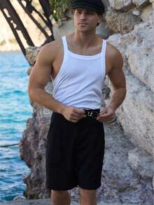 Men's Solid Color White Sleeveless Casual Minimalist Daily Versatile Tank Top, Simple White Square Neck Ribbed - White - View 5