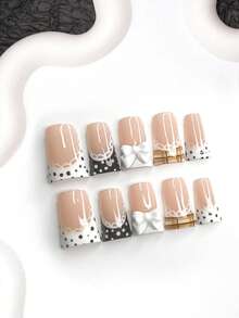 10pcs Gentle, Pure & Charming Nail Stickers, Acrylic Material, White 3D Bow Nail Accessories, White Lace Edge Design, Brown & White Polka Dots, Yellow & Brown Striped Nail Decor, Fresh & Elegant Style, White & Brown Nail Polish, Includes Nail Tools (1 Jelly Sticker + 1 Nail File), 3 Size Options Nails Nail Supplies Handmade Press On Nails - Multicolor - View 17