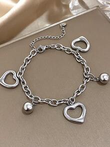 1Pc 18K Gold Plated Sweet Heart & Bead Charms Adjustable Chain Bracelet, Women's Luxury Elegant Jewelry, For Valentines, Party, Gala, Daily, Dating, Mardi Gras, New Years, Wedding, Beach, Christmas Anniversary, Elegant Mom Gift Boho Jewelry Birthday Bridesmaid Gift - Multicolor - View 6