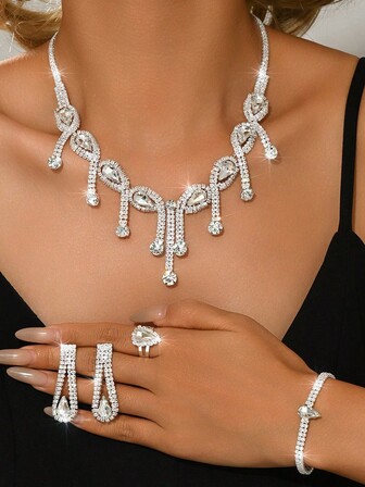 Juego de 5 piezas de joyería nupcial elegante con cristales completos, accesorios sofisticados para fiestas y bodas para mujeres