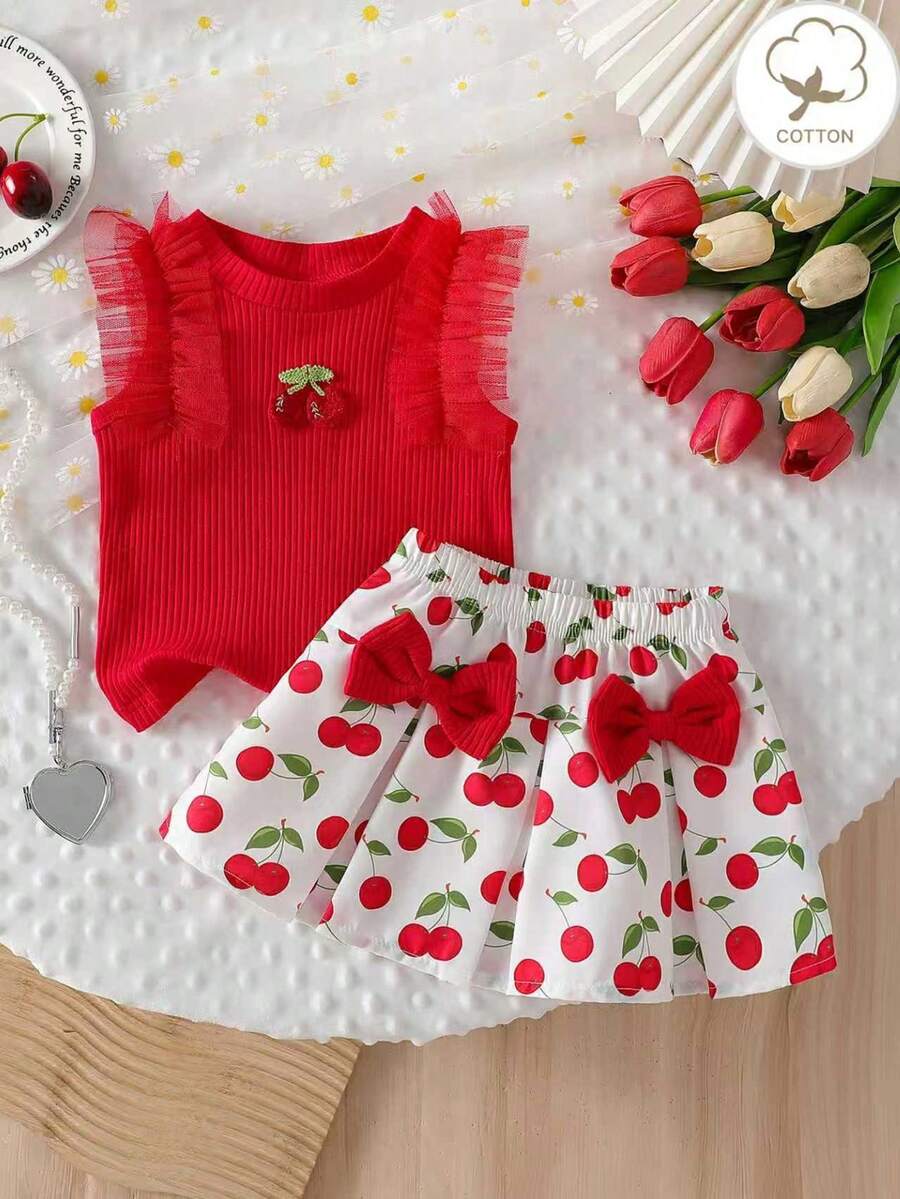2pcs Baby Girls Summer Ribbed Contrast Lace Sleeveless Cherry Embroidered Top And White Butterfly Print Skirt Set - Red - View 1