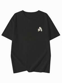 Women's Round Neck Loose Casual Letter & Line Print Short Sleeve T-Shirt, Spring/Summer - Black - View 5