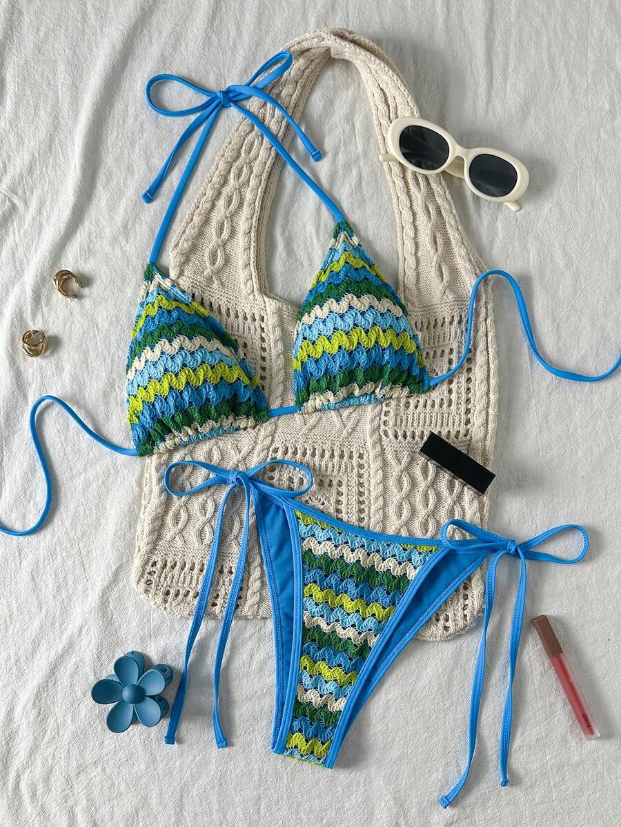 Conjunto de bikini bohemio para mujer de dos piezas con cuello halter, tirantes y espalda abierta, de tela con textura única - Azul - Ver 1