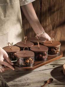 1 Set Chinese Style Wooden Glass Dried Fruit Plate With Lid, Grid Snack Storage Jar With Wooden Tray - Black - View 13