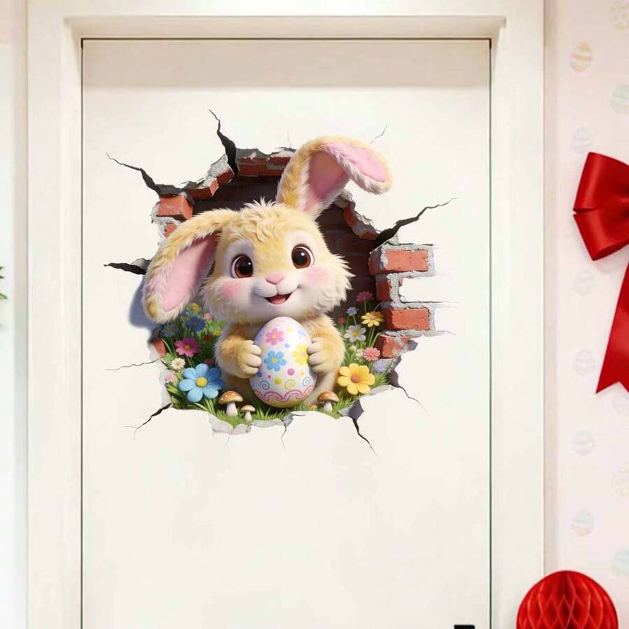 1pc Easter Cartoon Rabbit & Egg Wall Sticker, Cute Breakout Home Decor