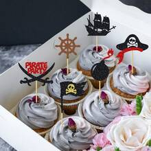 12/24pcs Glitter Pirate Theme Cupcake Toppers, Pirate Ship And Skull Design Cake Picks, Suitable For Birthday Party Decoration, Baby Shower Supplies - Multicolor - View 9