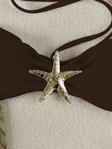 Women's Casual Khaki Halter Gold Star Decor Split Bikini Set, Summer Holiday