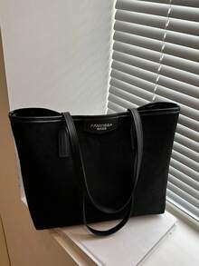 Bolso de hombro de gran capacidad con diseño de etiqueta de letra de unicolor de moda, estilo minimalista práctico para mujer - Negro - Ver 9