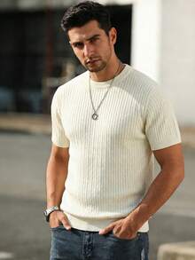 HUODA Men's Solid Color Short Sleeve Knitted Cable Textured Crew Neck Top - Apricot - View 4