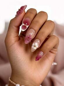 10片法式花卉中号杏仁形美甲贴纸，手工制作，Y2K全息DIY美甲贴纸套装，3D浮雕效果，搭配白色珍珠装饰，全覆盖经典款式，可重复使用，适用于美甲沙龙、女孩和女士日常美甲、节日和礼品，美甲用品 - 彩色 - 查看 4