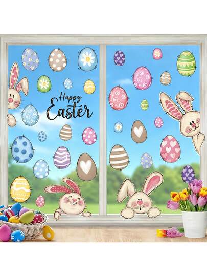 6 hojas - Pegatinas de ventana de Pascua Feliz Pascua Conejito Huevos Calcomanías de ventana Huevos de pintura al óleo Pegatinas de conejito para decoración del hogar, oficina, escuela, fiestas, regalos, decoración de primavera para vidrio