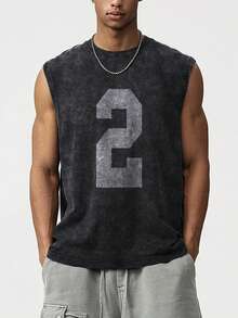 男士黑色无袖上衣，做旧水洗效果，印有数字2。简约图案印花，带有褪色效果。适合休闲和街头风格穿着。 - 黑色 - 查看 1