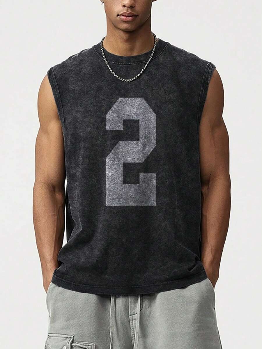 男士黑色无袖上衣，做旧水洗效果，印有数字2。简约图案印花，带有褪色效果。适合休闲和街头风格穿着。 - 黑色 - 查看 1