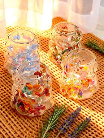 1 pieza/4 piezas Taza de vidrio sin asa, taza de café de doble capa de vidrio. Taza de vidrio con forma de uva, con flores secas en el interior. Adecuada para leche, espresso, té, etc. Regalo único para el Día de San Valentín y cumpleaños.