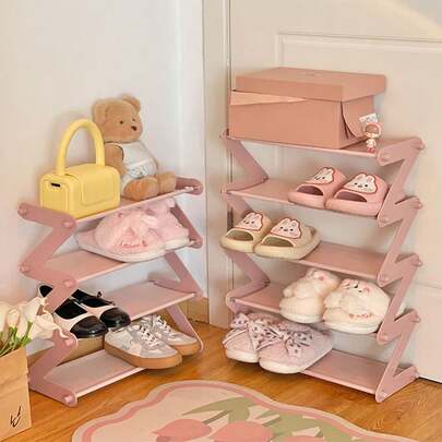 1 PC 4-Layer Z-Shaped Shoe Rack, Plastic Floor-Standing Storage Rack, Multi-Functional Large-Capacity Storage Rack, Easy-To-Assemble Floor-Standing Storage Rack, Suitable For Living Rooms, Tool-Free Installation, Stackable, A Must-Have For Homes And Dormitories, Saving Space, Suitable For Hallways, Wardrobes, Living Rooms, And Bedrooms.