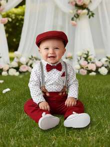 BOARNSEORL 3pcs Baby Boys Gentleman Outfit Set: Long Sleeve Shirt With Bowknot, Overalls With Suspenders, And Hat, Fashionable And Dapper For Birthday Party, Full Moon Celebration, Christening, Outdoor Play - Red - View 1