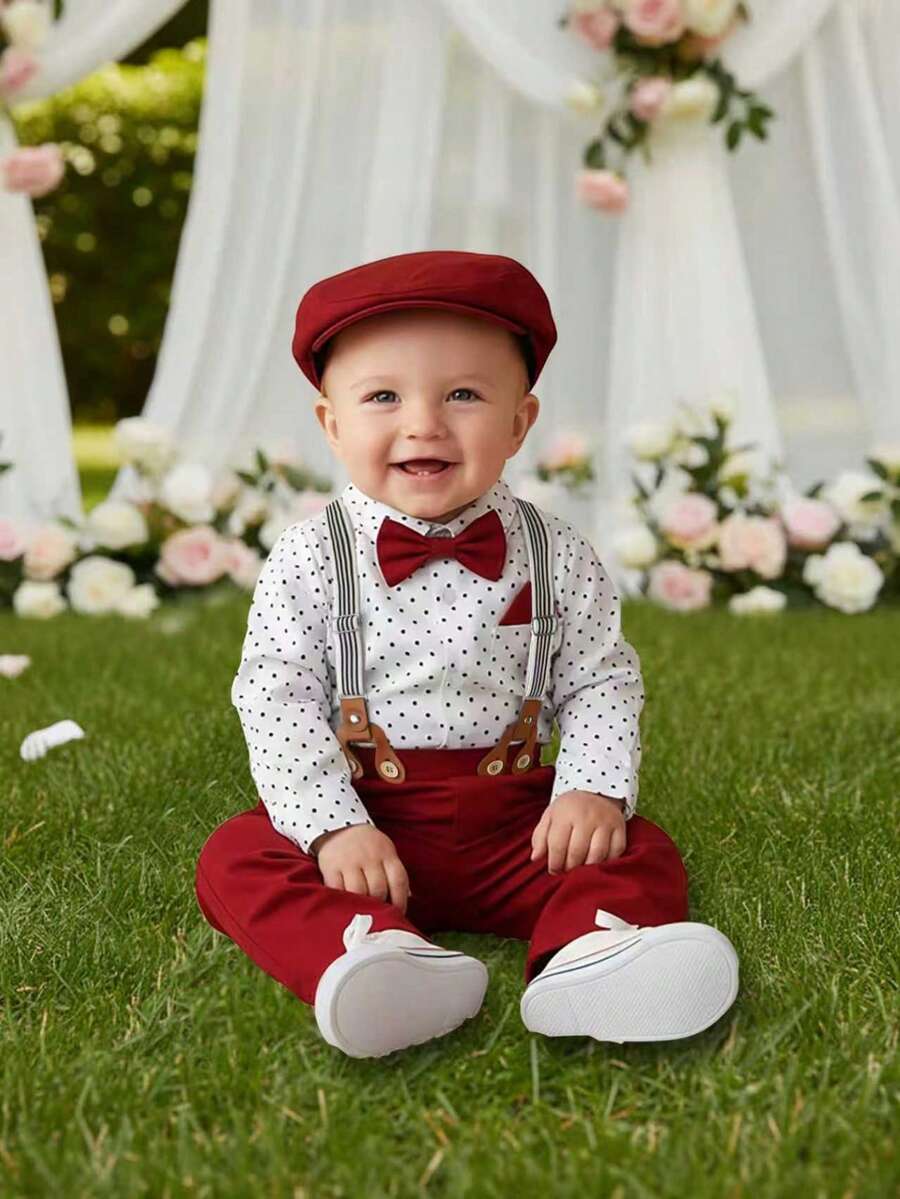 BOARNSEORL 3pcs Baby Boys Gentleman Outfit Set: Long Sleeve Shirt With Bowknot, Overalls With Suspenders, And Hat, Fashionable And Dapper For Birthday Party, Full Moon Celebration, Christening, Outdoor Play - Red - View 1