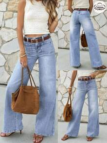 GILIPUR 微喇叭宽松阔腿牛仔裤，高腰弹力浅蓝色水洗Y2K风格女式长裤，优雅休闲街头风。 - 藍色 - 查看 8