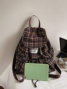 1个时尚格子多口袋尼龙休闲背包，防水轻便可折叠抽绳贴布字母旅行包，大学包 - 棕色 - 查看 4