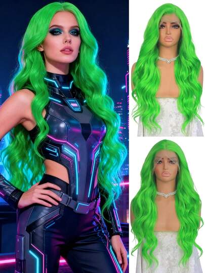 Peluca sintética con encaje frontal de onda corporal verde neón de 13*4, con línea de cabello natural previamente desbrozada, peluca frontal de encaje sintético resistente al calor para cosplay, fiesta y festival para mujeres de 24 pulgadas