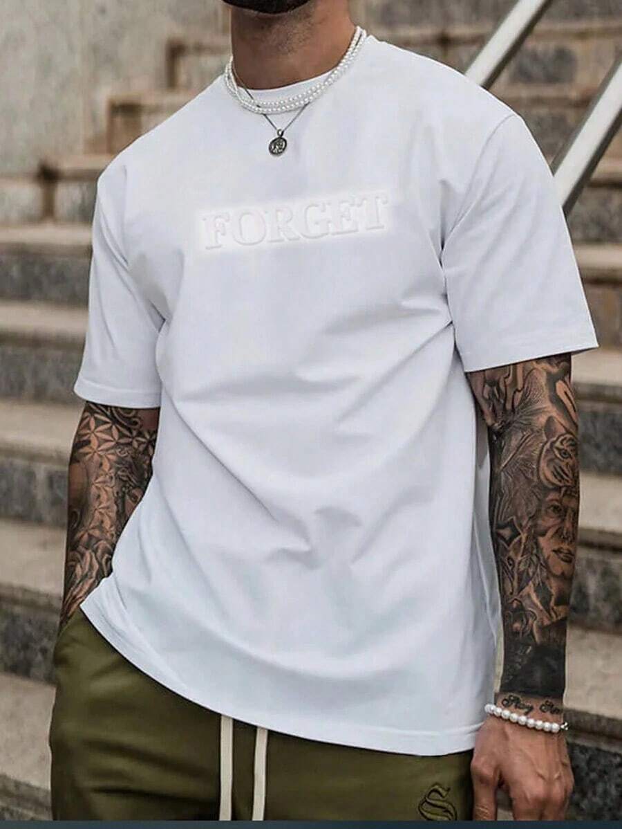 Manfinity Homme Men's Loose Fit T-Shirt With Embossed Lettering - White - View 1