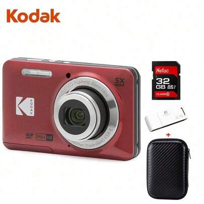 Kodak מצלמת FZ55 HD: 16.35 מגה פיקסל, רזולוציית 1080P, עדשת זום אופטי פי 5, טווח צילום 28 מ"מ, מסך 2.7 אינץ'. מתאים לצילום יומיומי והקלטה בנסיעות. ערכה אדומה זמינה.