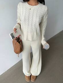 Women's Fashion Thick Knit Sweater And Pants Set, Casual Ribbed Knit 2 Pieces Outfit For Autumn/Winter, Slightly Stretchy Fabric - Apricot - View 5