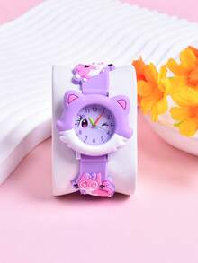 3D Soft Silicone Strap Cartoon Cat Pattern Girls' Student Pointer Watch, Creative Cute Cat Quartz Wrist Watch For Girls