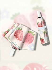 1pc Watercolor Strawberry Automatic Umbrella, Women's Sunscreen UV Protection Folding Parasol, Suitable For Sunny And Rainy Days