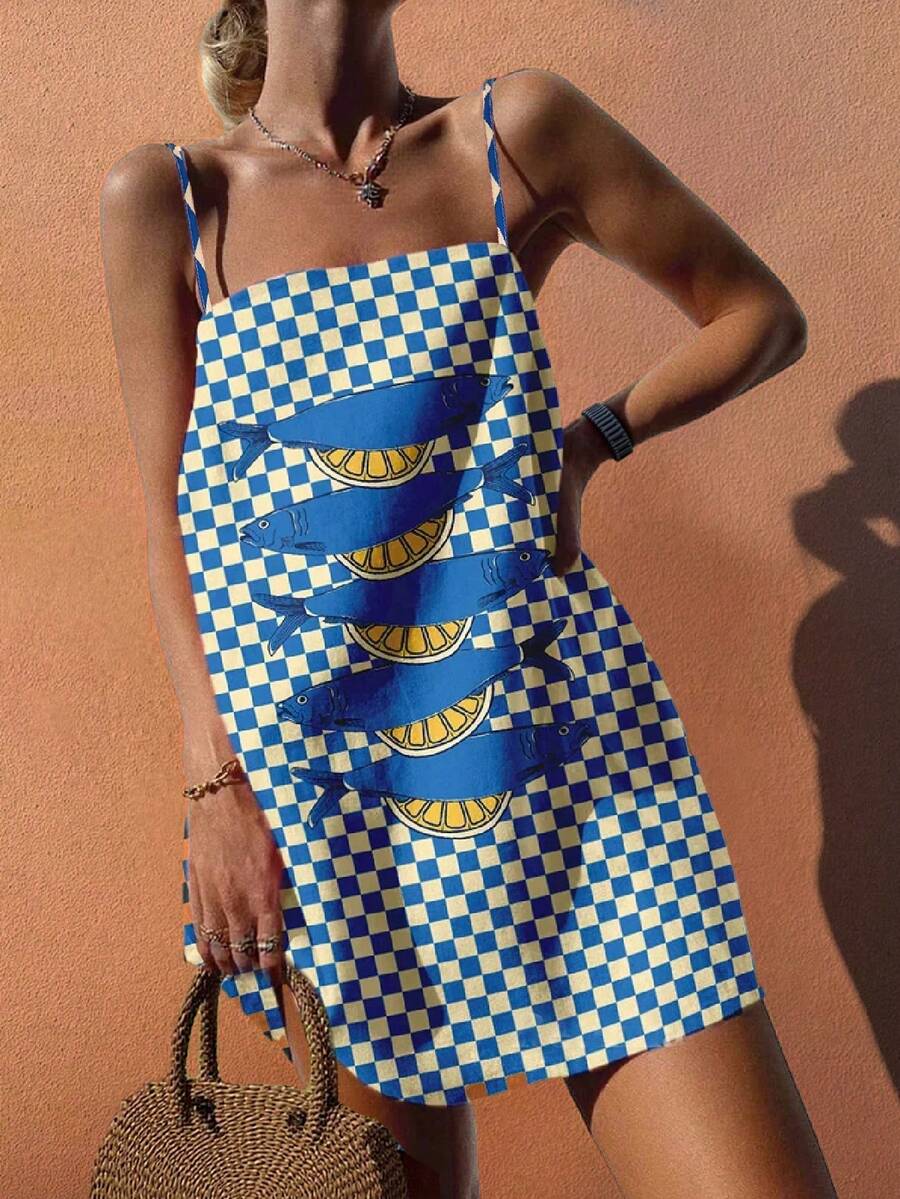 波西米亚风无袖格子/沙丁鱼印花A字连衣裙，适合休闲海滩度假、早午餐等场合，春夏派对优雅之选。