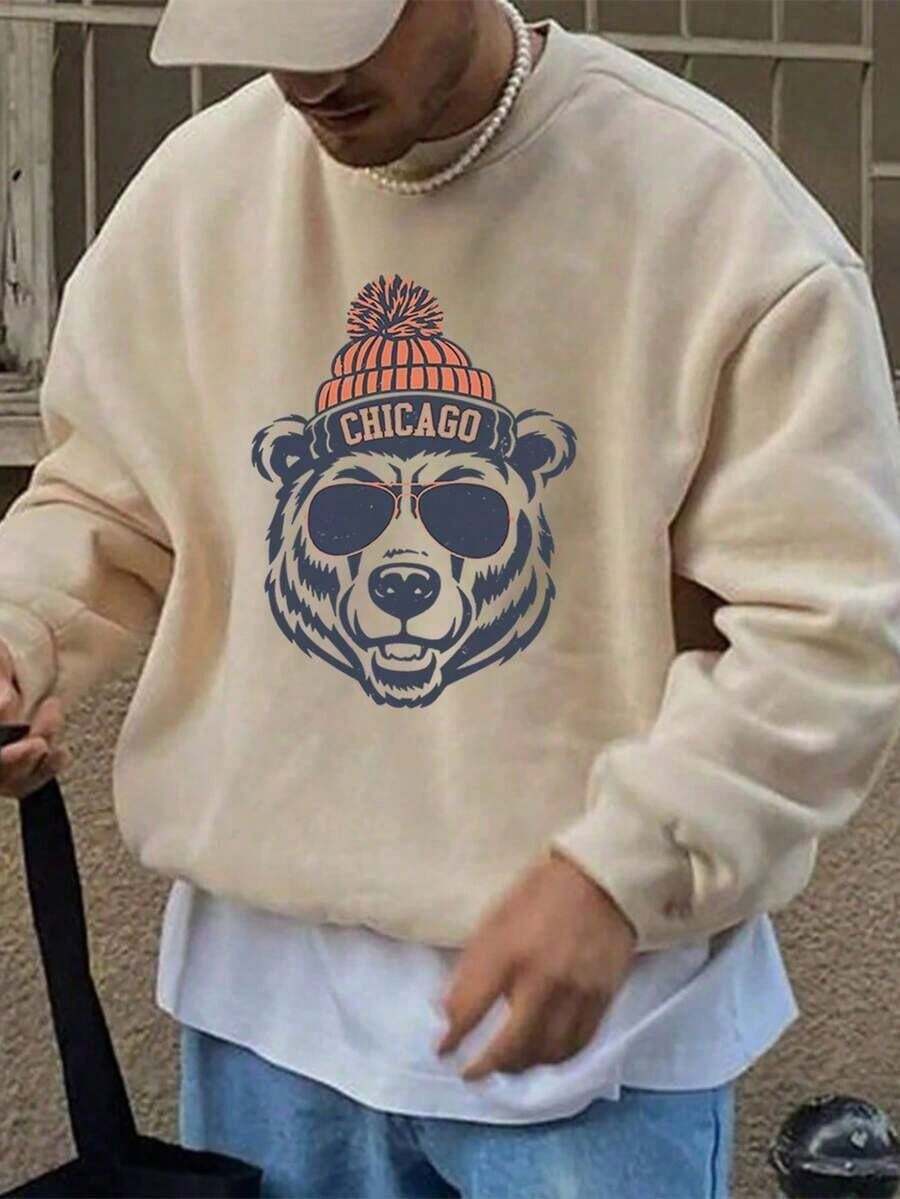 Men's Casual Loose Fit Crew Neck Sweatshirt With Bear Head Graphic Print, Chicago-Inspired DesignLoose And Comfortable,Hoodie,New Years Outfit Women - quả mơ - Xem 1