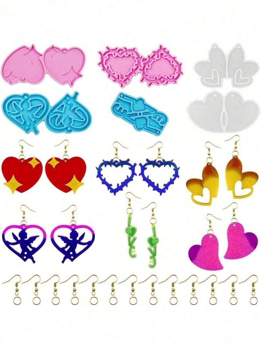 EstiloSENHAI - Moldes de resina para arete, 6 pares de moldes de silicona con ganchos para arete, suministros de manualidades para fundición de resina, suministros para manualidades para hacer aretes,Versión mejorada - 1 - Ver 1