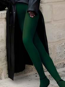1 Pair Women's Dark Green Velvet Tights - High Elasticity, Contouring Leg Lines, Elegant And Comfortable, Suitable For Party And Casual Wear. Solid Color, . - Dark Green - View 3
