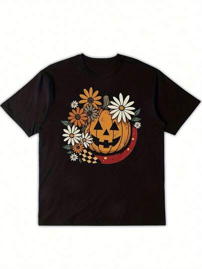 Men's & uni Black Autumn Flal & Pumpkin Print T Shirt Soft Transpirable Sht Sve Round Neck Casual & Party Shirt with ange Brown Fall Cols H Line Fit f Skating Outdo ActivitieCamia deptiva infmal de manga cta de suave para uso diario, viajes y carreras al e libre, estilo urbano atlético juvenil.