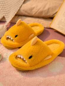 Men's Cartoon Shark Slippers, Solid Color Simple Open-Toe Fluffy House Slides, Suitable For Autumn/Winter - Yellow - View 3