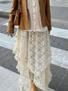 女士秋冬西部朋克风纯色波西米亚Y2K不对称下摆蕾丝半身裙，适合返校、乡村音乐节、万圣节、波西米亚风场合，白色蕾丝半身裙 - 白色 - 查看 3