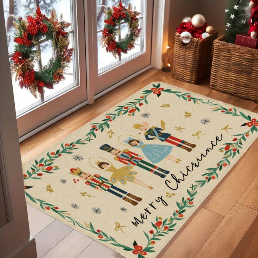 1pc 2D Flat Flannel Material Merry Christmas Nutcrackers Wreath Snowflakes Christmas| Velvet Floor Mat – Premium Soft Touch, Warm & Cozy For Winter, Absorbent Washable, Non-Slip Indoor/Outdoor Door Mat – Ideal For Entryway, Laundry Room, Kitchen, Bathroom, Holiday Gift - Multicolor - View 1