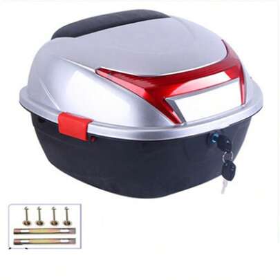 Motorcycle Top Case, 32L Capacity Motorcycle Tour Tail Box Scooter Trunk Waterproof Storage Carrier With Reflective Strips For Motorbike Moped, Silver White