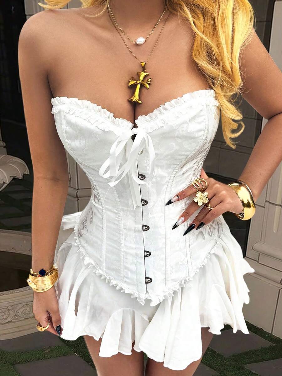 Apperloth A 性感束身胸衣上装，长款骷髅束身衣，收腰提臀，提花图案，前扣荷叶边蝴蝶结装饰，金属环系带露背吊带Y2K派对塑身衣，配弹性腰带和荷叶边下摆半身裙，两件套，女士休闲舒适百搭，适合锐舞派对、音乐节、婚礼派对、角色扮演等场合，白色夏季款 - 白色 - 查看 1