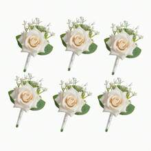 6/1件装玫瑰香槟色胸花，配满天星，男士婚礼、新郎及伴郎胸花，逼真仿真丝花别针，完美适用于婚礼、舞会、周年纪念、返校节、秋季复古乡村婚礼等场合。 - 彩色 - 查看 9