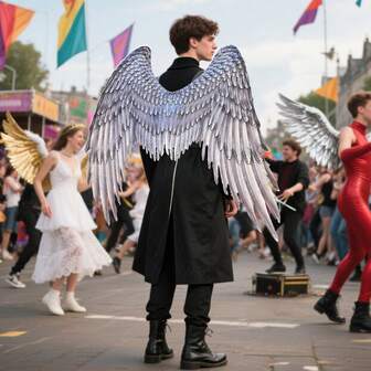Änglavingar i non-woven tyg för högtidsfest, lämpliga för män och kvinnor, kan användas för vingdekoration, änglavingar för Halloween-karneval, vingar i non-woven tyg med konstfjäder, ny stil för scenframträdanden