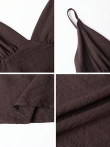 Vaiaye Women's 2-Piece Set: Elegant Camisole Top And Loose Drawstring Pants, Linen Deep V Camisole With Backless Design And Relaxed Waist Pants, Sexy Cute Elegant Romantic Summer 2-Piece Set - Dark Brown - View 11