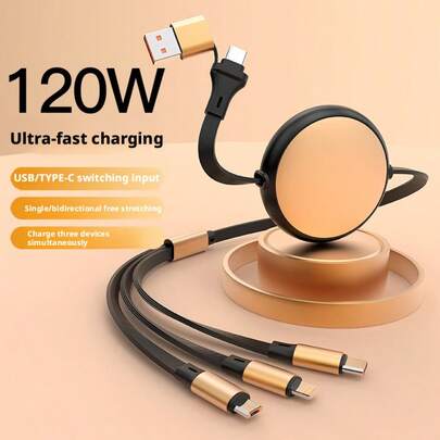 三合一可伸缩数据线，120W铝合金快充线，带USB/Type-C接口，高速数据传输，兼容 17/16/15/14/13/12/11/Xs/Xr/8/7/6，S24 Ultra/S24/S23 Ultra/S23/S22/S21，