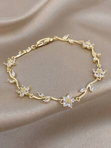 1 Pulsera Ajustable Delicada Con Cadena Y Flor De Cerezo Bañada En Oro 18K Con Circonita Rosa Estilo Bohemio Para Mujer, Ideal Para Uso Diario, Bodas, Citas, Aniversarios, Cumpleaños, Navid - 1 unidad - Edición Diamante Blanco - Ver 3