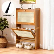 LOVEWE 1pc Bamboo Narrow Hidden Shoe Cabinet, 2 Flip-Top Drawers Rattan Vent Panel, Slim Space-Saving Anti-Tip, Top Shelf For Keys/Bags, Entryway/Bedroom/Hallway Shoe Storage - màu nâu - Xem 9