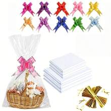 10pcs Cellophane Bag With Golden Twist Tie, Colorful Bow, Transparent Basket Bag OPP Plastic Cellophane Packaging For Gift Display, Wedding, Birthday Party, Mother's Day Gift Bag - View 6